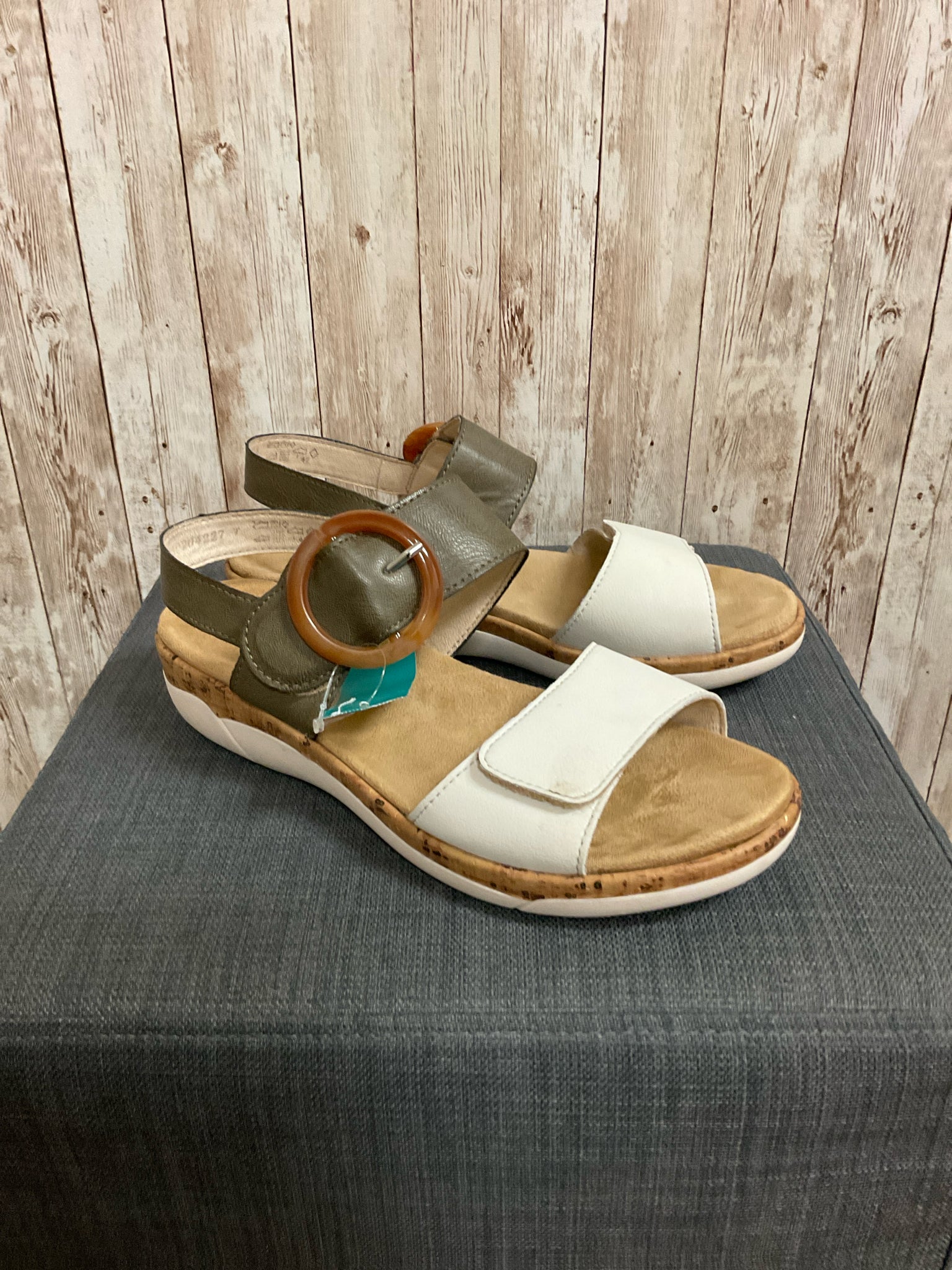 9 REMONTE OLIVE AND WHITE Sandals