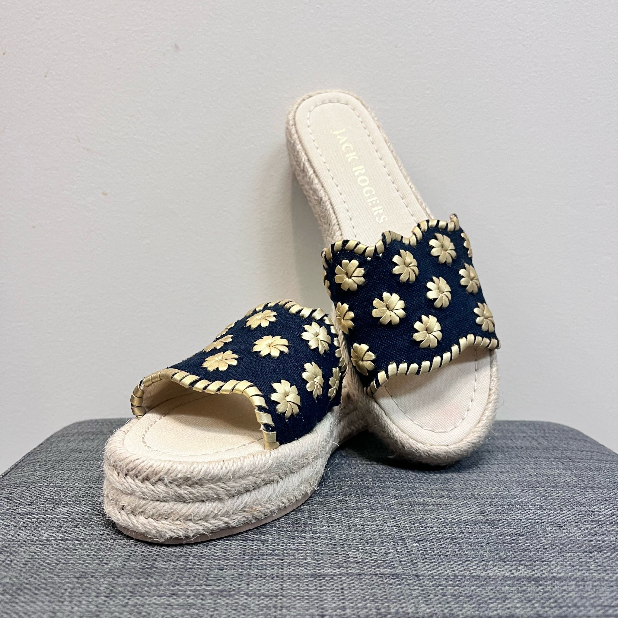 6 JACK ROGERS NAVY AND GOLD Sandals