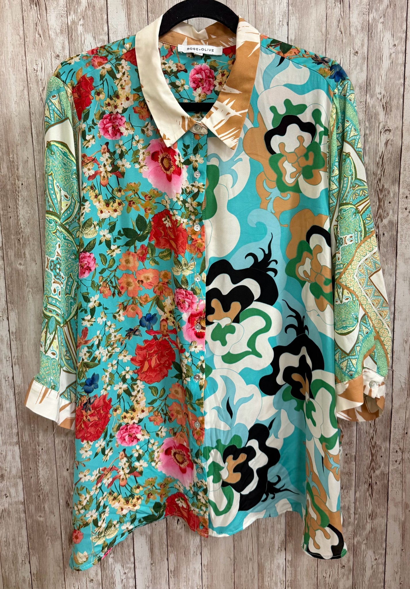 Size 2X ROSE & OLIVE GREEN MULTI Top