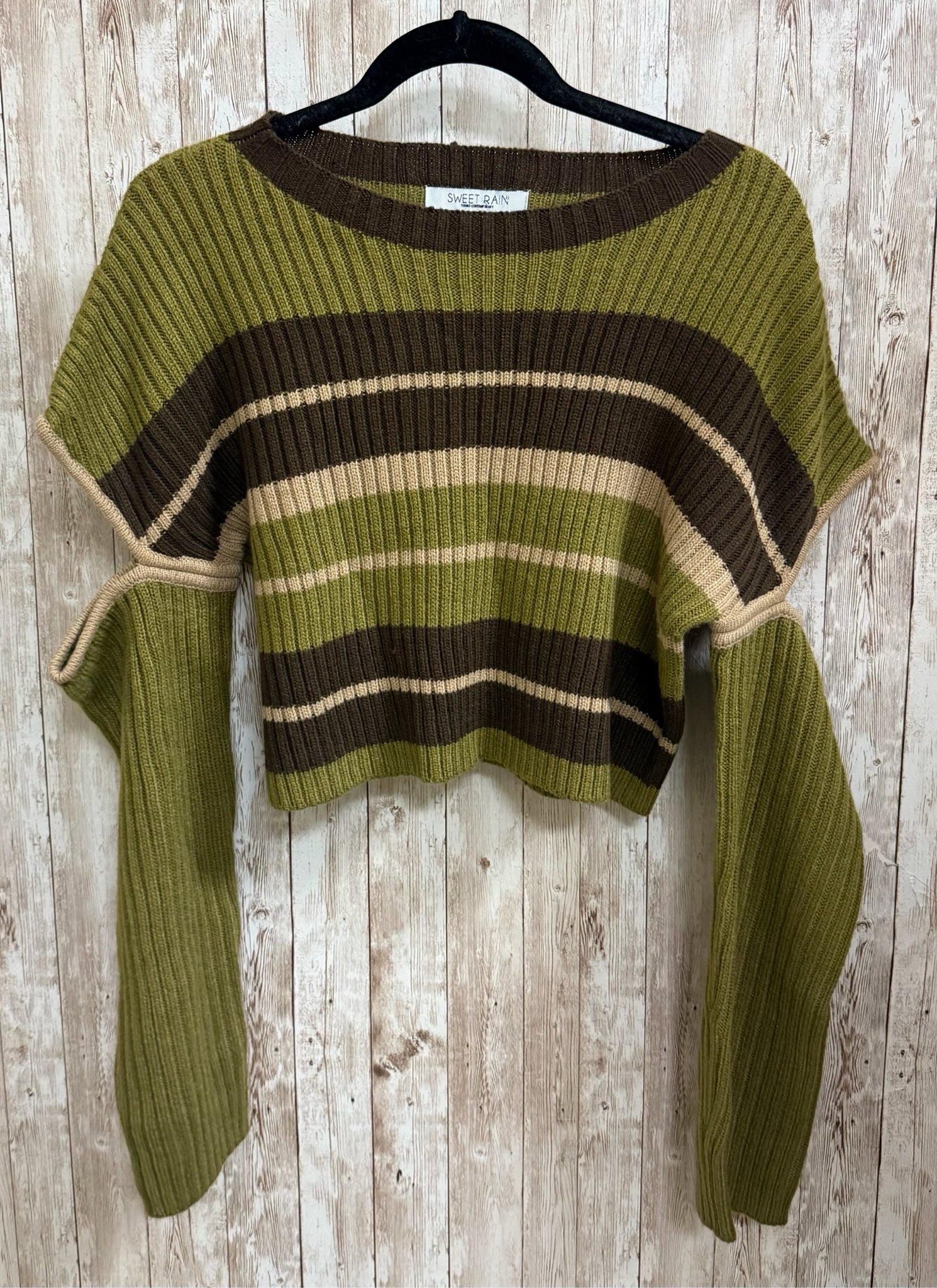 SWEET RAIN Size M OLIVE AND BROWN STRIPE Sweater