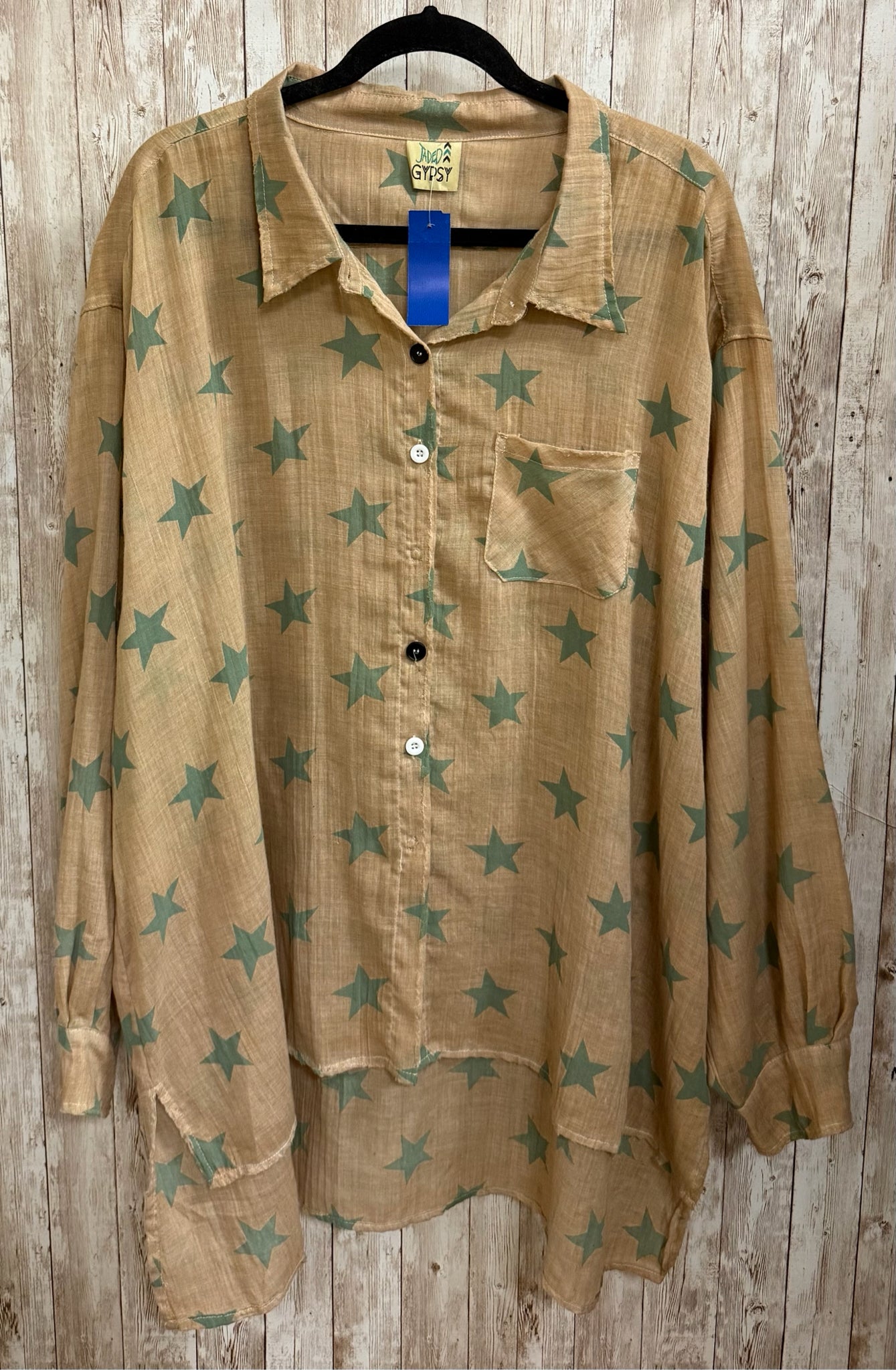 JADED GYPSY Size S/M BEIGE AND GREEN PRINT Blouse