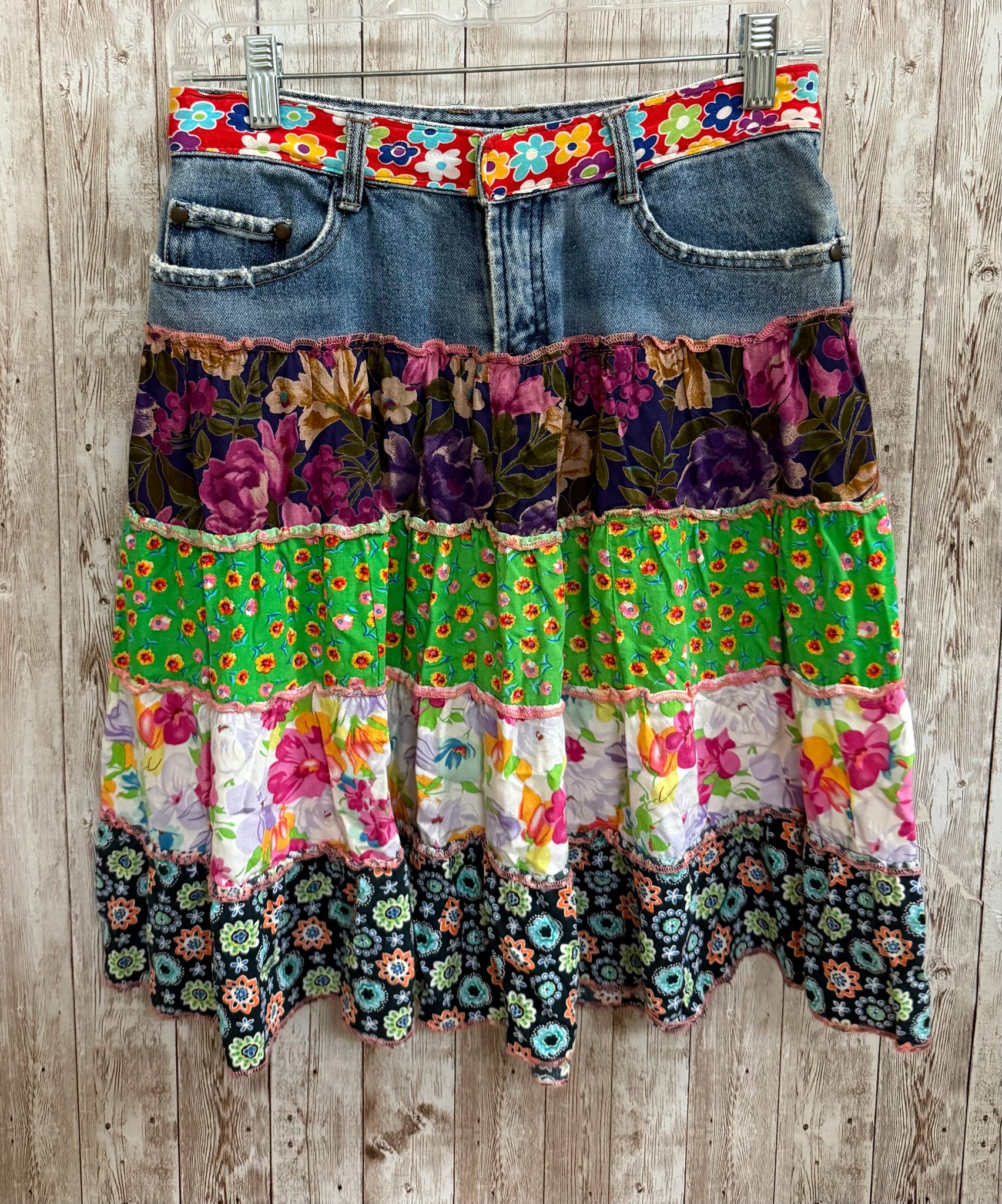 Size S SACRED THREADS DENIM AND FLORAL PATCH Skirt