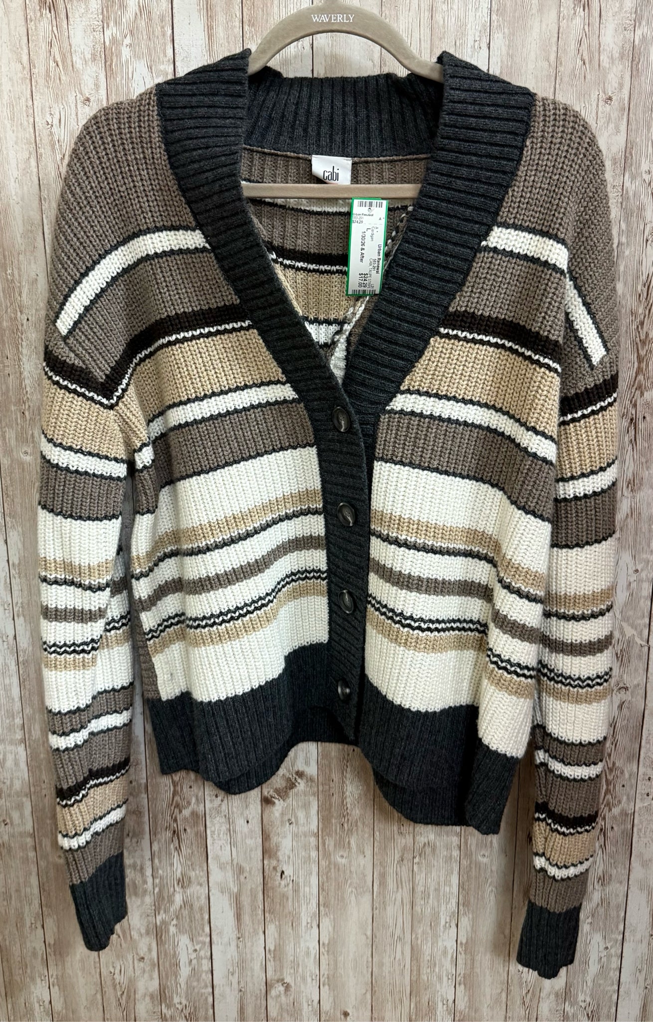 Size L CABI TAUPE STRIPE Cardigan