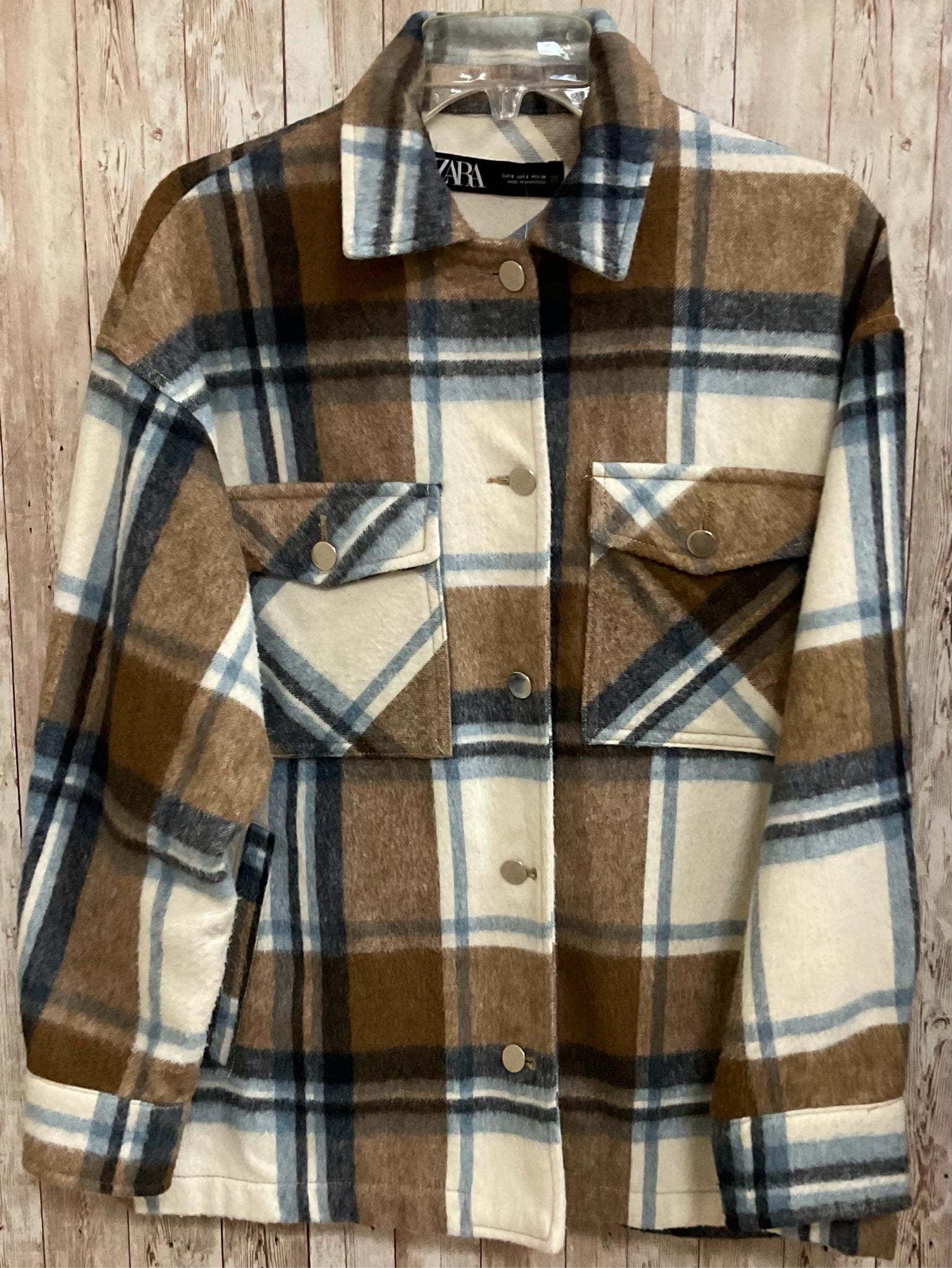 Size S ZARA TAN AND BLUE PLAID SHACKET