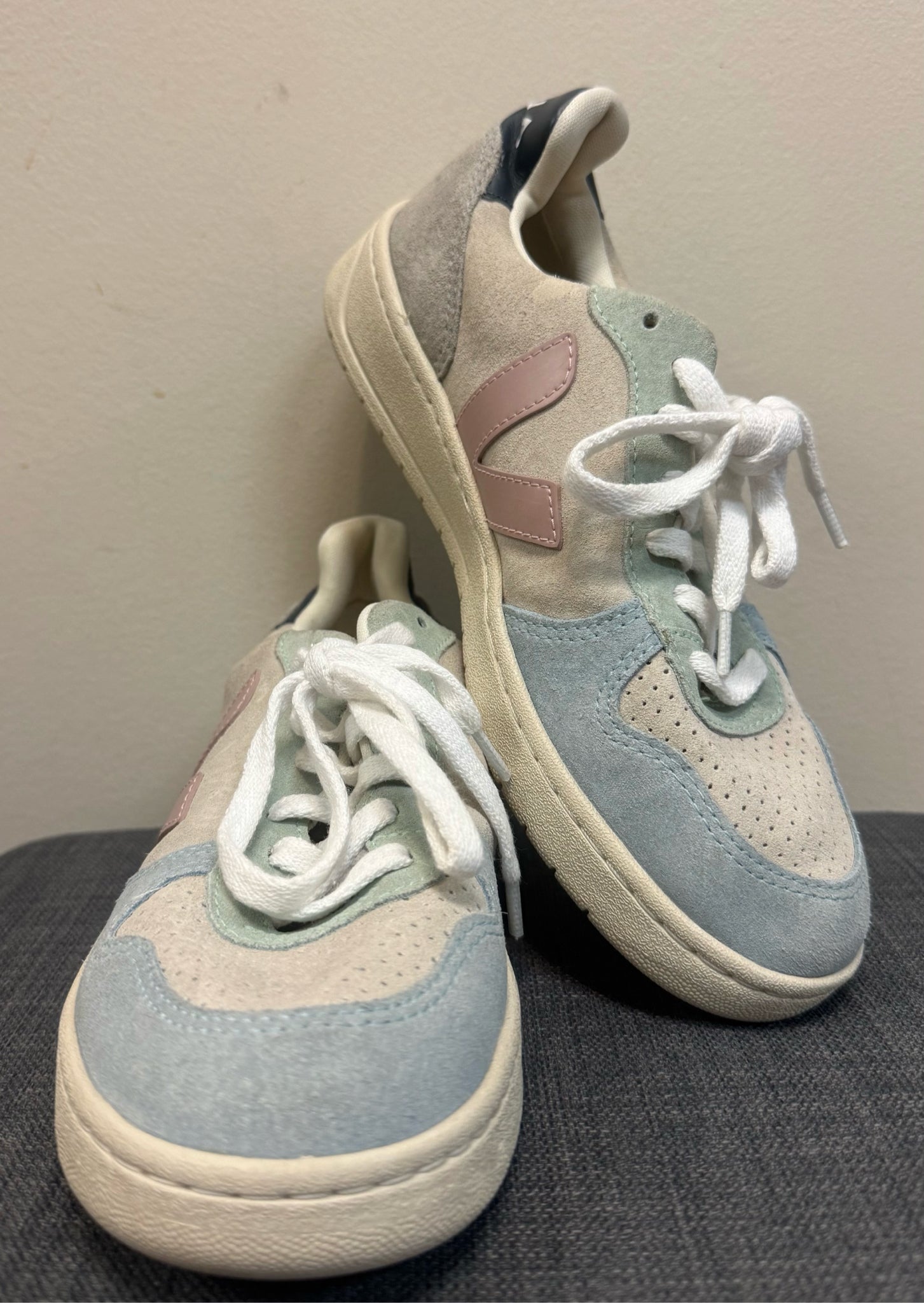 7 VEJA TAN AND BLUE SHOES