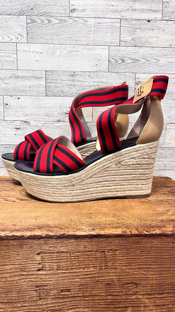 9.5 TOMMY HILFIGER RED AND NAVY Wedges