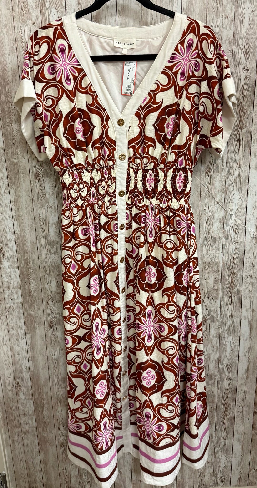 Size M ENTRO CREAM AND BROWN PRINT Dress