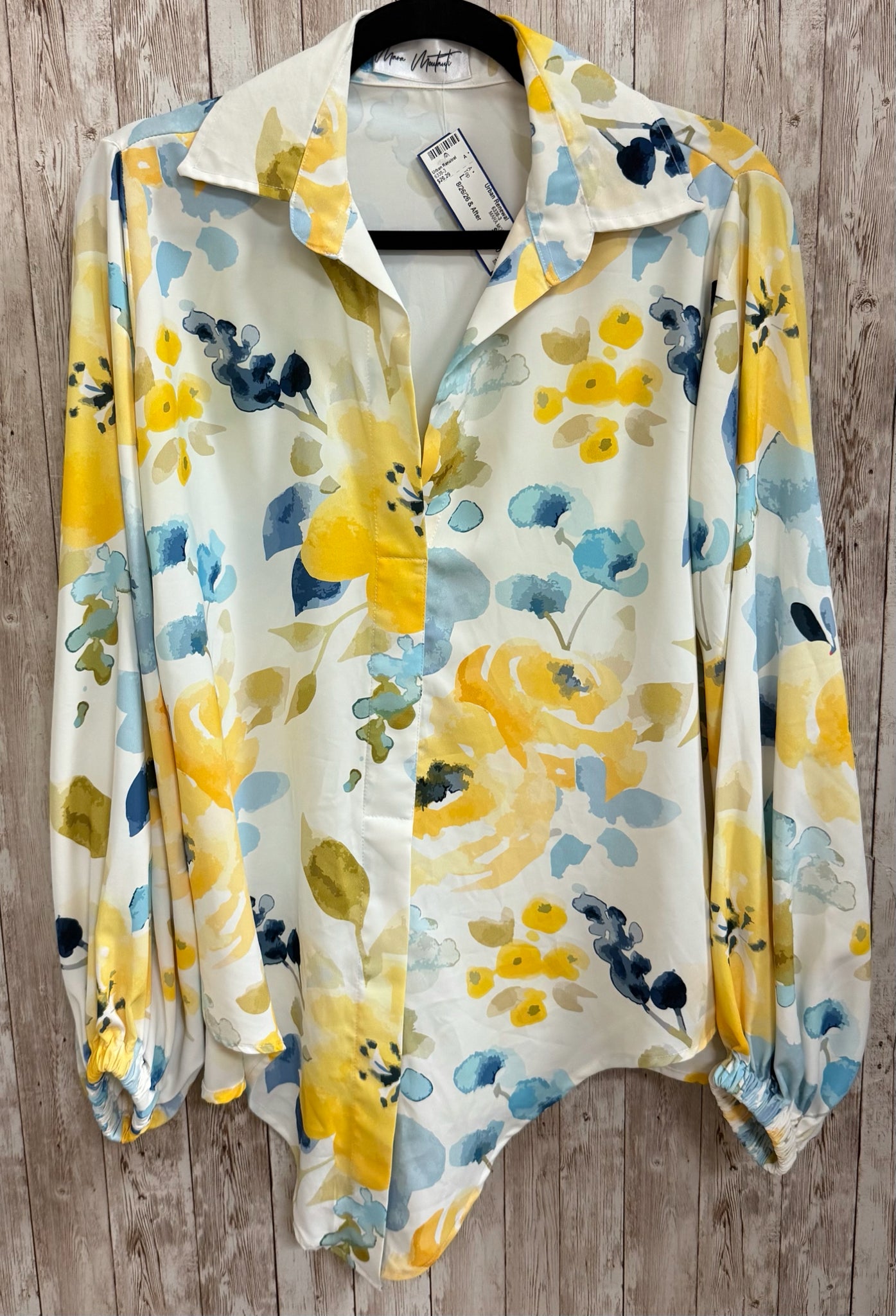 Size L MARA MOUTAUTI YELLOW AND BLUE FLORAL Top