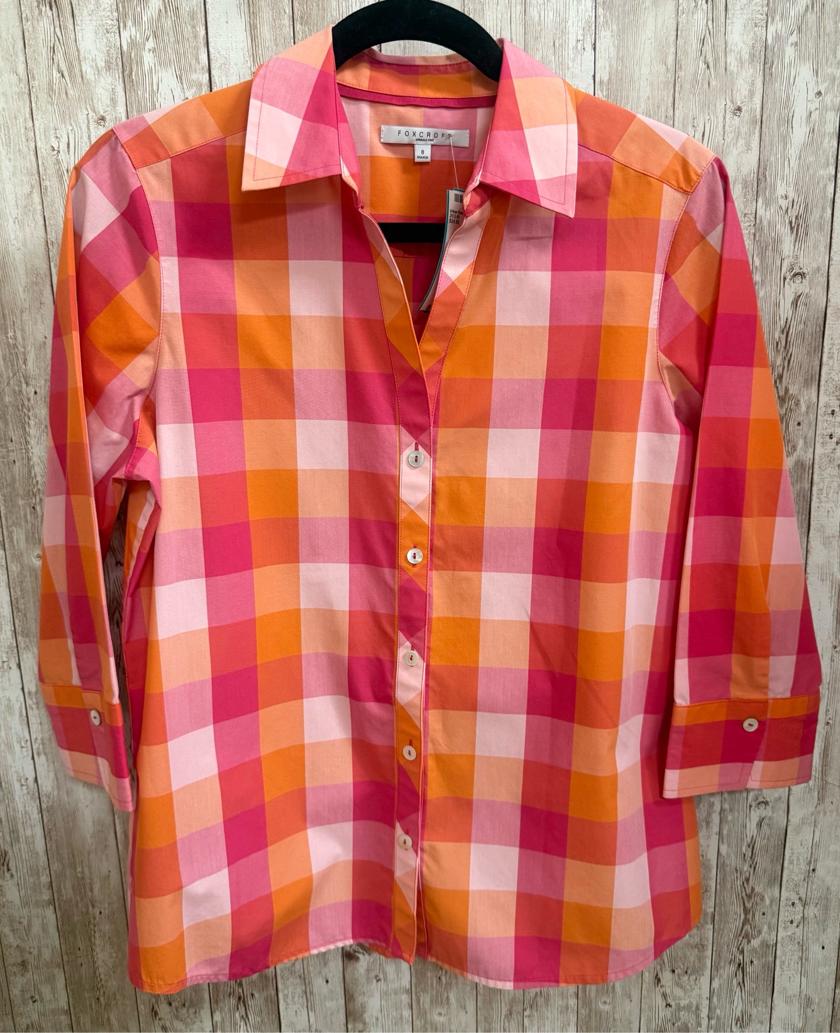 Size 8 FOXCROFT PINK AND ORANGE PLAID Blouse