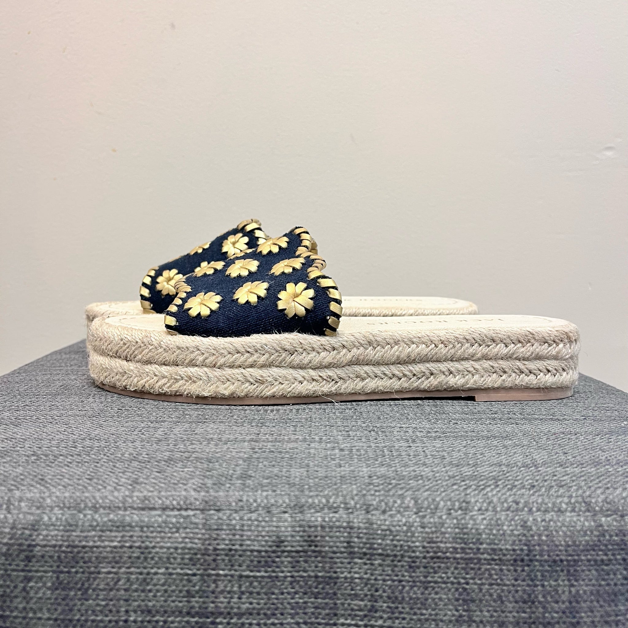 6 JACK ROGERS NAVY AND GOLD Sandals