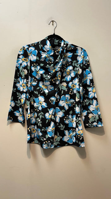 ELIE TAHARI Size L BLACK FLORAL Top