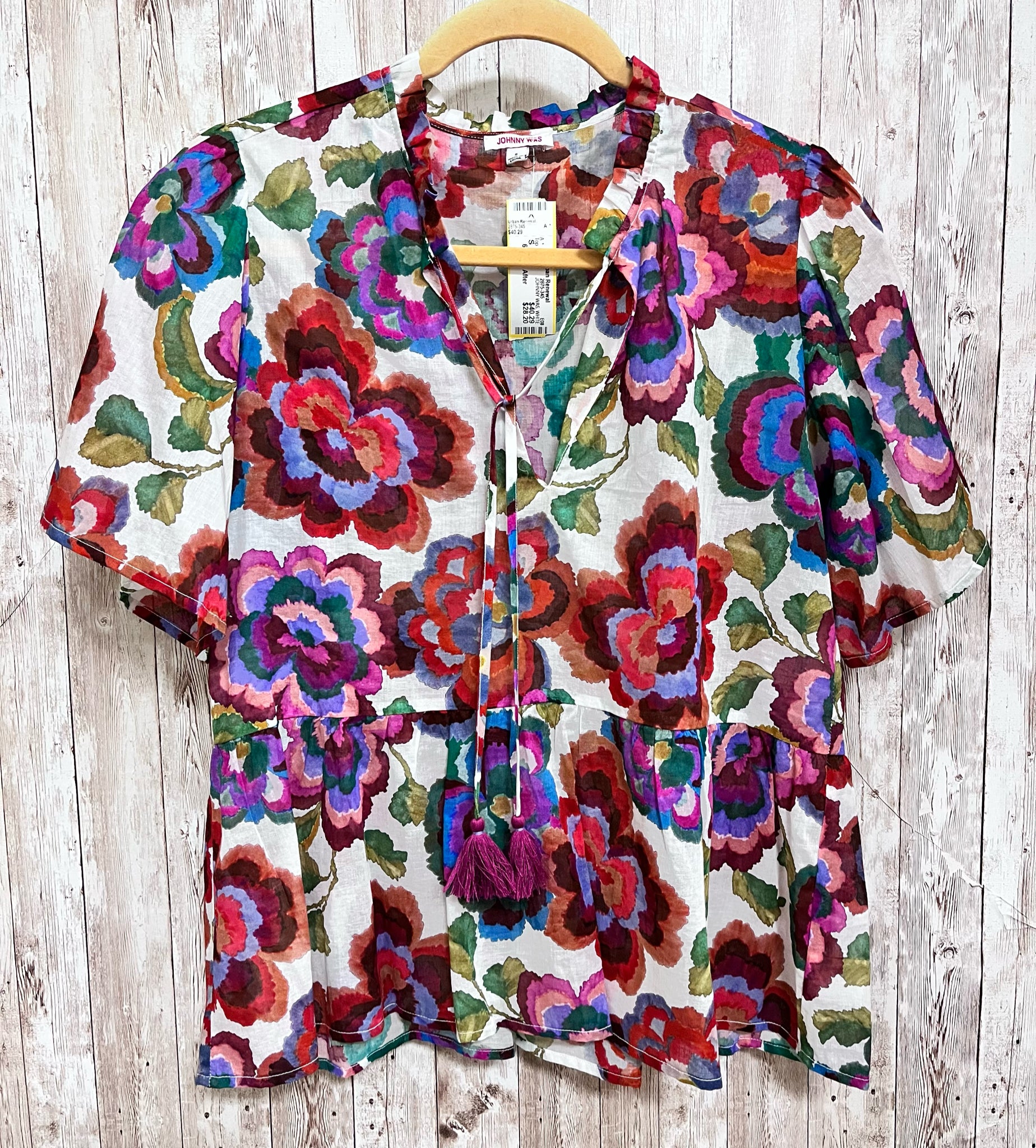 Size S JOHNNY WAS WHITE AND PURPLE FLORAL Top