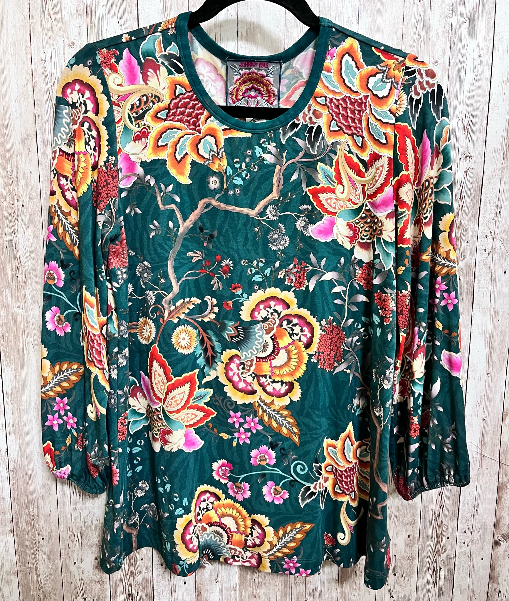 Size S JOHNNY WAS GREEN FLORAL Top