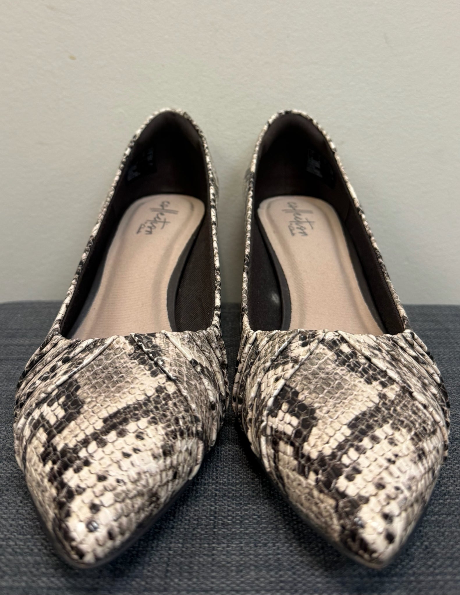 8.5 CLARKS SNAKE SHOES
