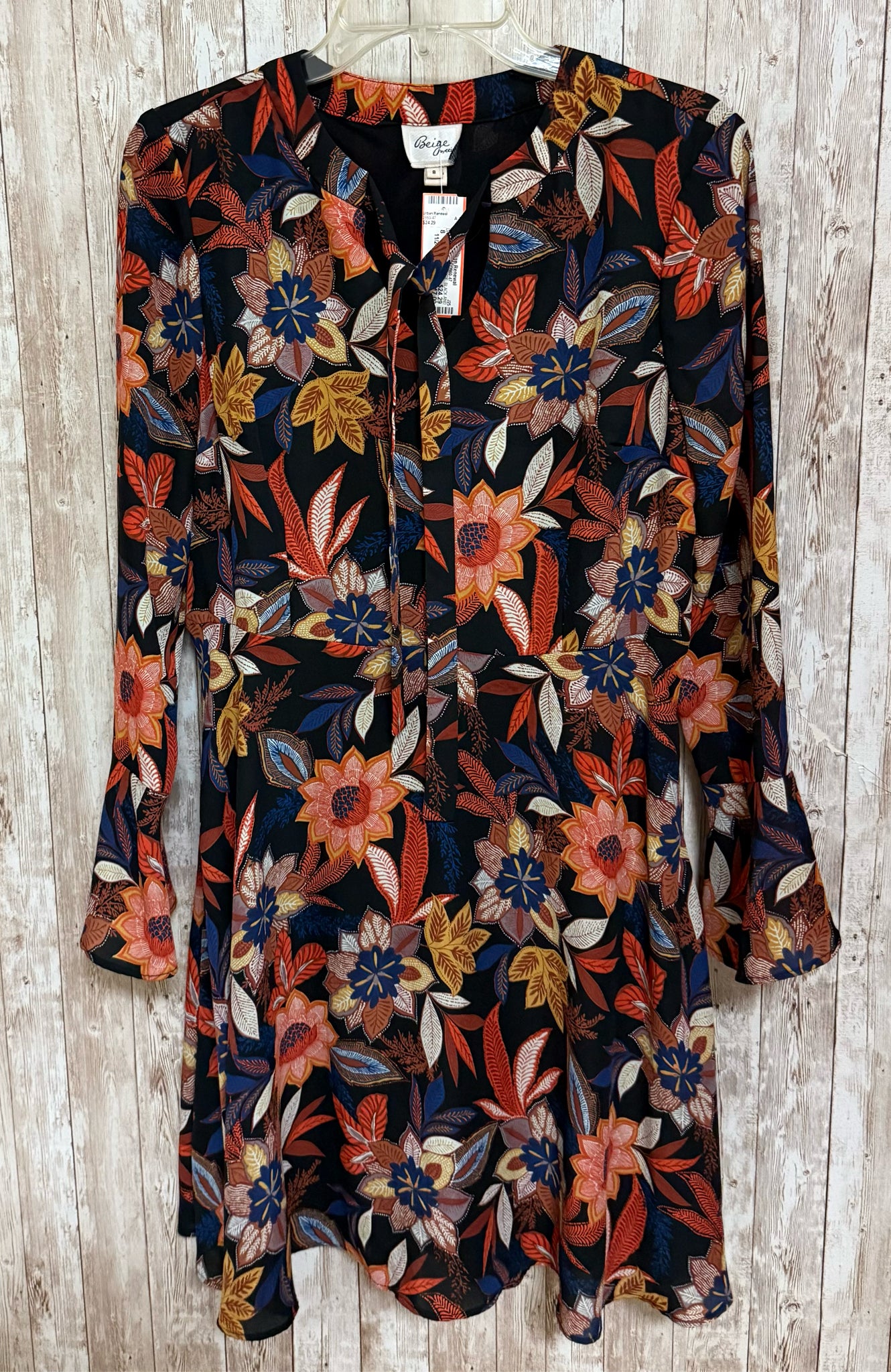 BEIGE Size 8 BLACK AND RED MULTI PRINT Dress