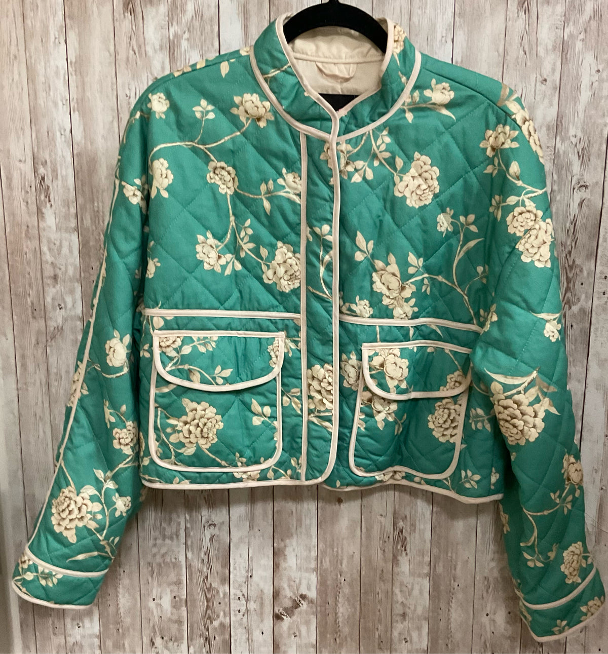 Size M 7 FOR ALL MANKIND GREEN AND TAN PRINT Jacket
