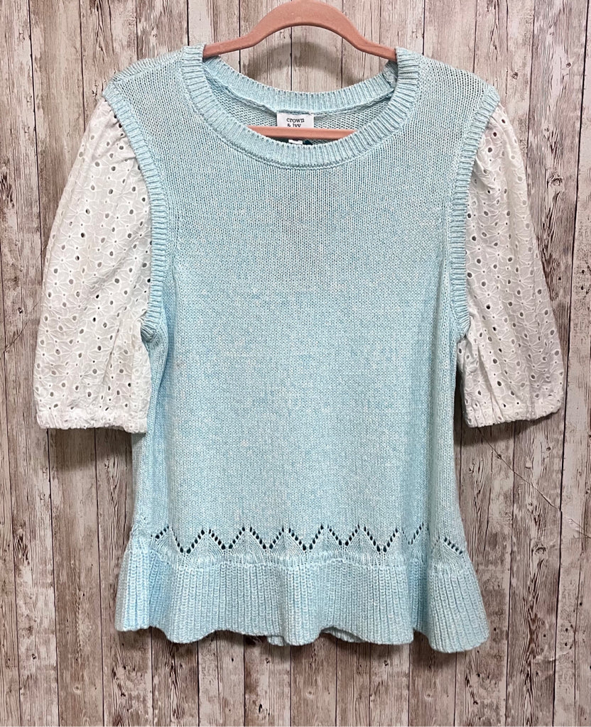 CROWN & IVY Size L TURQUOISE AND WHITE Top