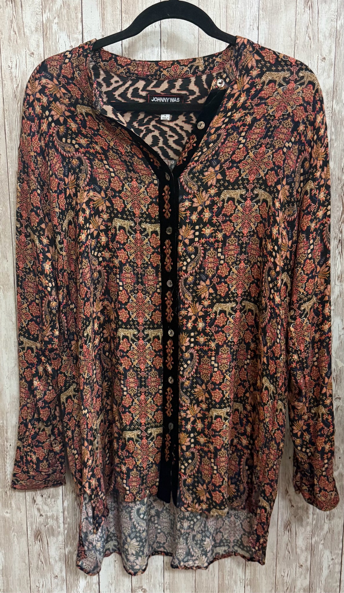 Size S JOHNNY WAS BROWN AND BLACK PRINT Top