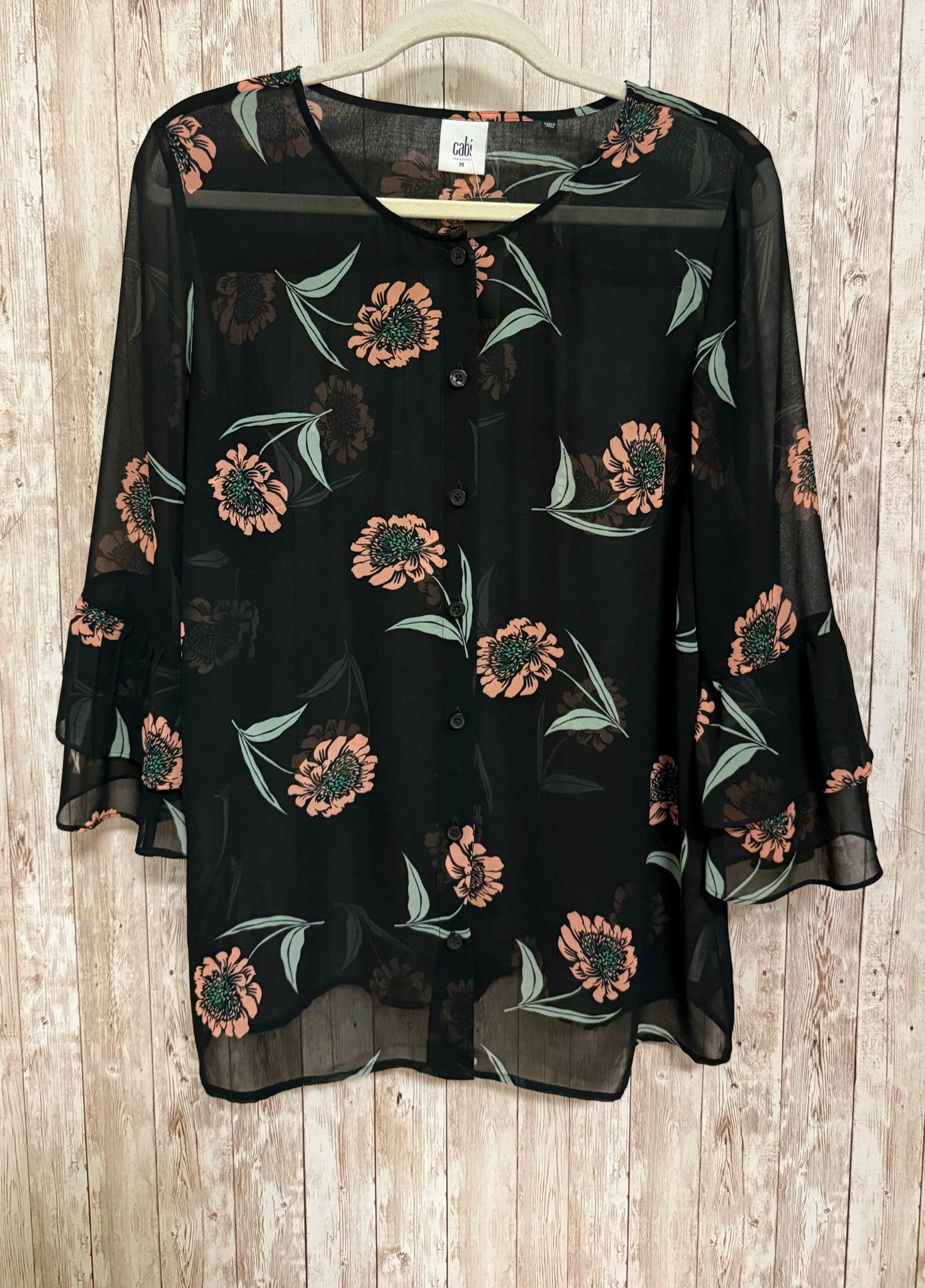 CABI Size M BLACK AND PINK FLORAL Top
