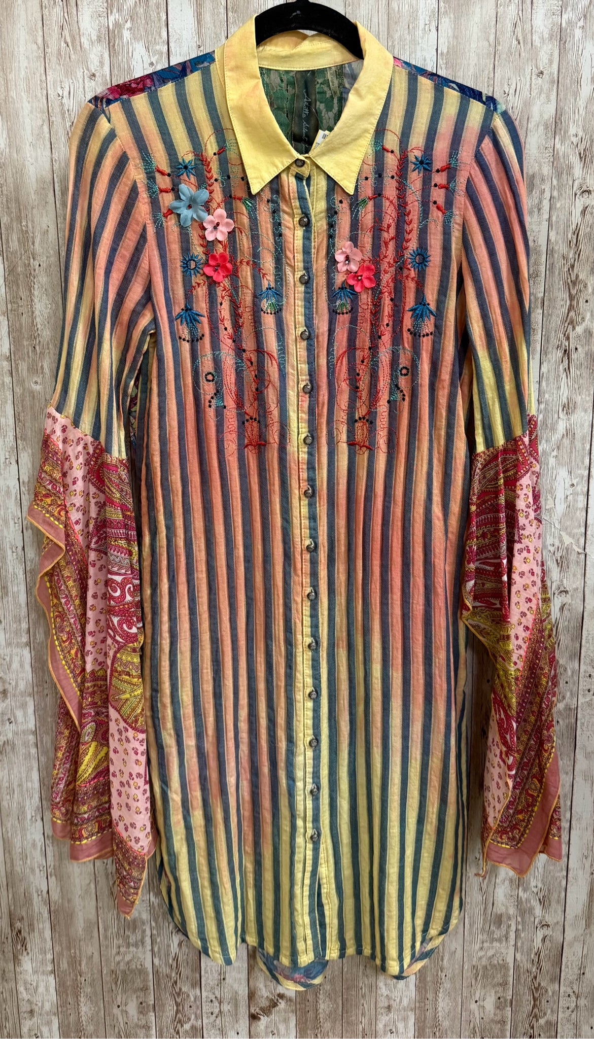 Size M Aratta Silent Journey BLUE AND YELLOW STRIPE Duster